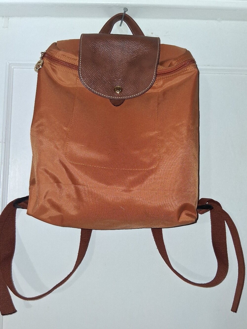 Longchamp Le Pliage Original Medium Nylon Backpack Cognac Brown Leather Trim